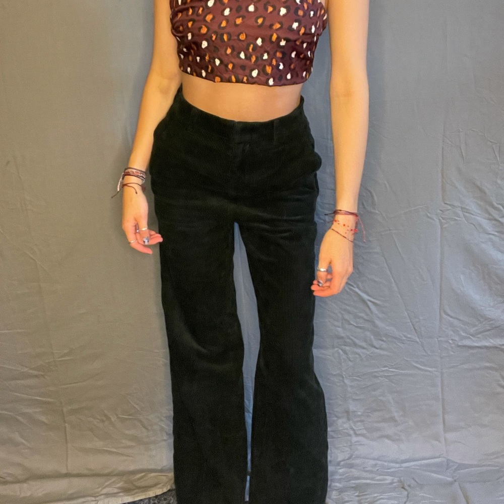 NEW High Waisted Dark Green Striped Corduroy Pants